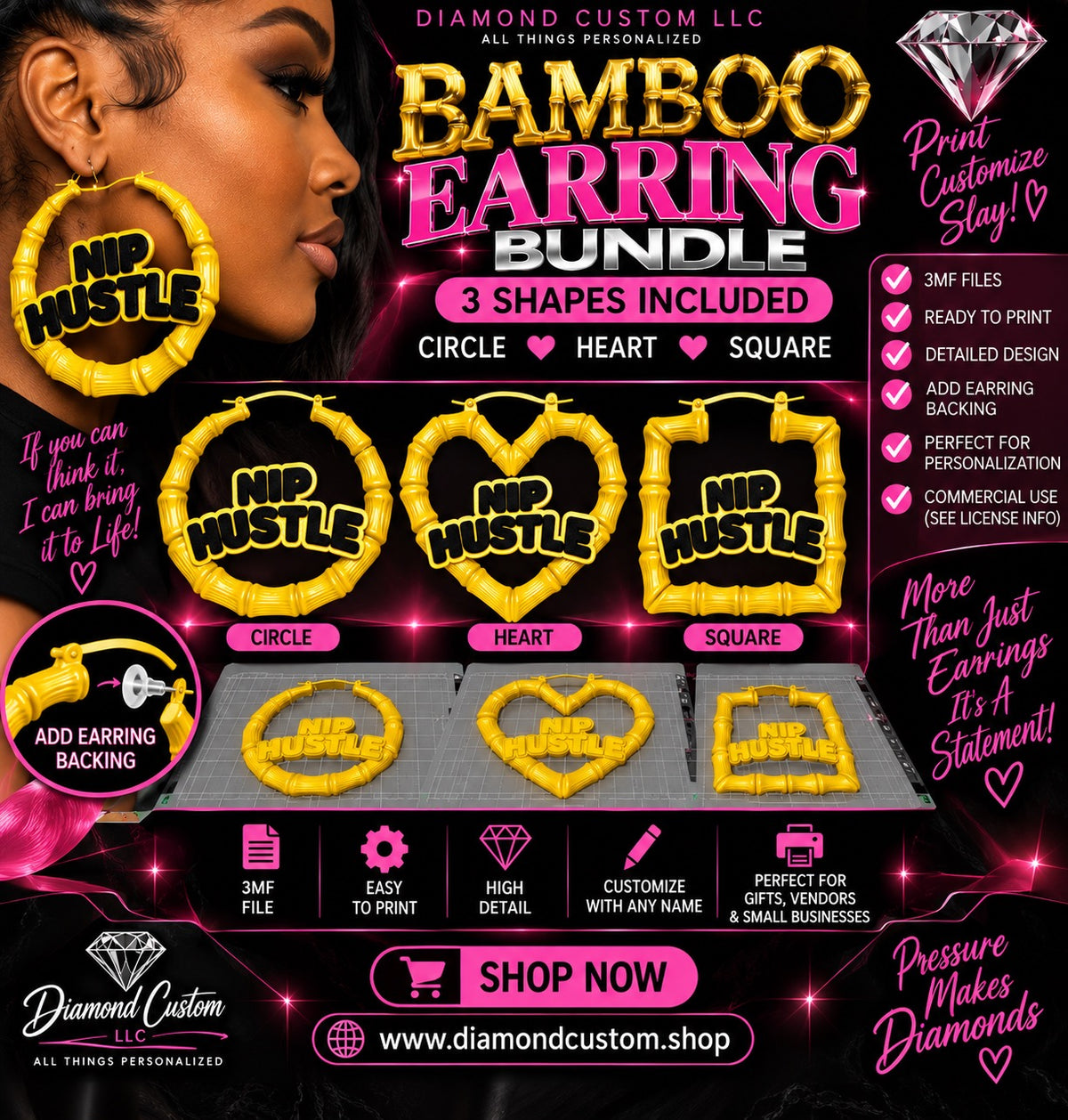 Bamboo Earring Bundle – Circle, Heart & Square | 3MF Digital Files