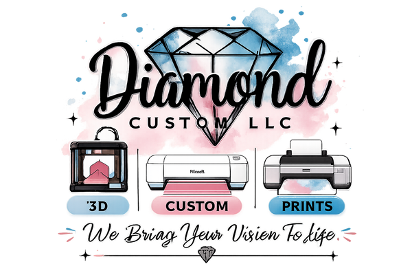 Logo of Diamond Custom LLC with 3D printer, custom printer, and 3D model on a white background.
