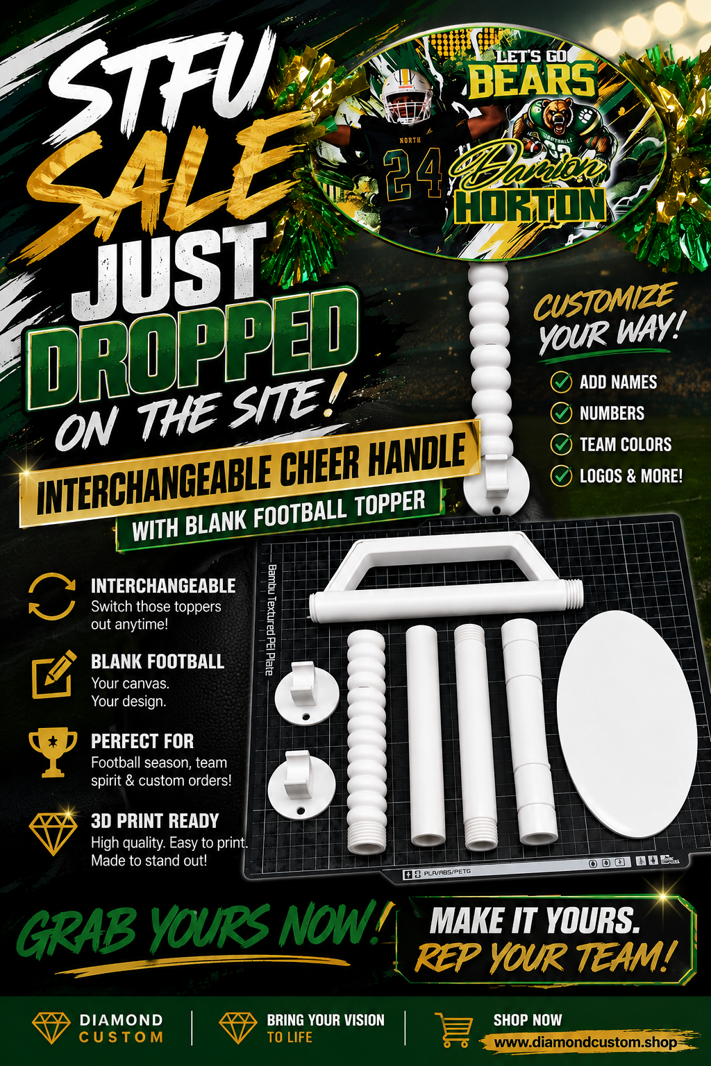 Customizable Cheer Stick + Blank Football Topper | STL File