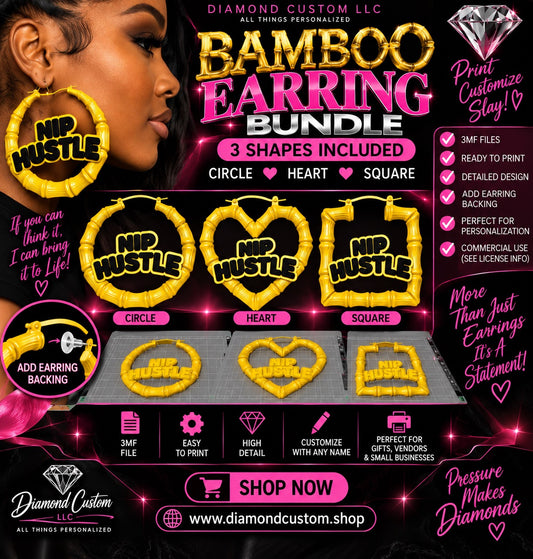 Bamboo Earring Bundle – Circle, Heart & Square | 3MF Digital Files