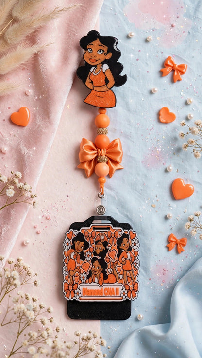 Penny Badge Reel Set in Orange — badge reel, beaded dangle with bow, and personalized badge buddy, styled on blush pink and baby blue