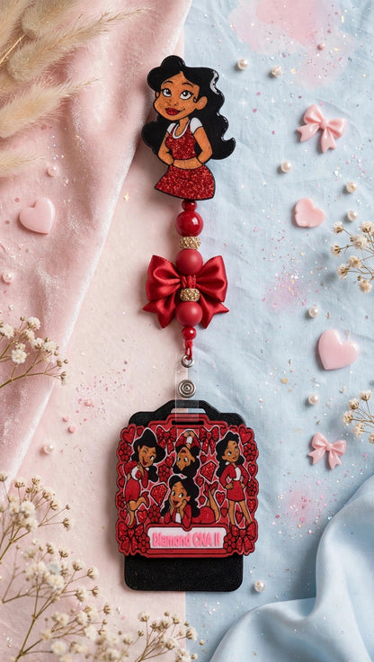 Penny Badge Reel Set in Red — badge reel, beaded dangle with bow, and personalized badge buddy, styled on blush pink and baby blue