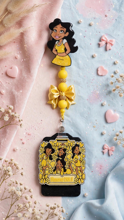 Penny Badge Reel Set in Yellow — badge reel, beaded dangle with bow, and personalized badge buddy, styled on blush pink and baby blue